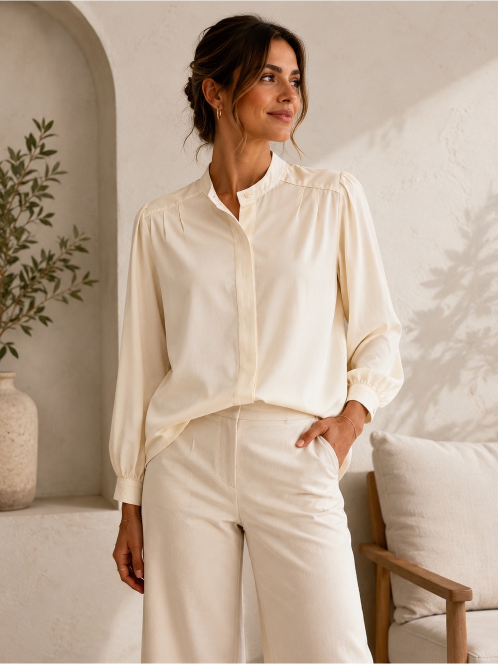 Cream Mandarin-Collar Button-Front Blouse - Women Tops